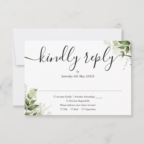 Simple Elegant Script Greenery Leaves Wedding RSVP Card