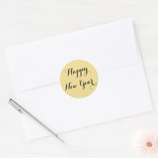 Simple Elegant Script Happy New Year Gold Black Classic Round Sticker (Envelope)