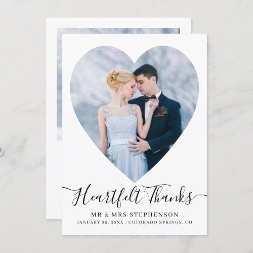 Simple Elegant Script Heart 2 Photo Wedding Thank You Card