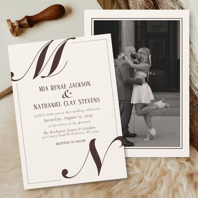 Simple Elegant Script Ivory & Brown Photo Wedding Invitation (Elegant modern simple ivory and mocha brown script typography initials classic photo wedding invite )