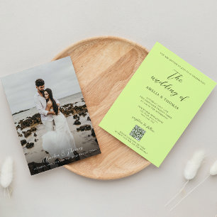 Simple Elegant Script Lime Green QR Code Wedding Invitation