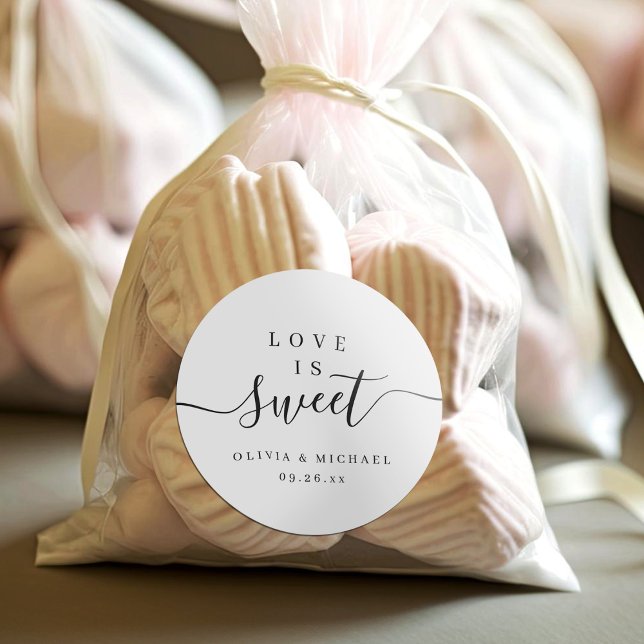 Simple elegant script love is sweet wedding favor classic round sticker (Simple elegant script love is sweet wedding favor classic round sticker)