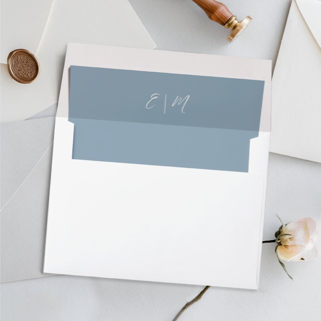 Simple Elegant Script Minimal Dusty Blue Wedding Envelope Liner (Minimal and classic dusty blue design with white typography )