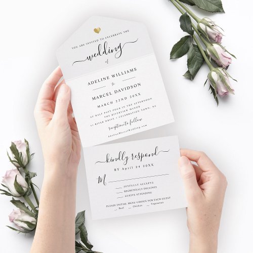 Simple Elegant Script Minimal Gold Heart Wedding All In One Invitation