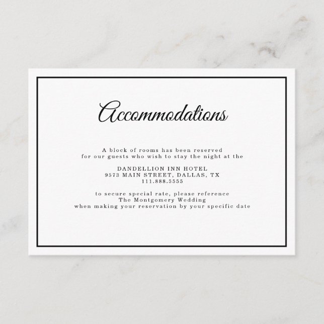 Simple Elegant Script Minimal White Wedding Detail Enclosure Card (Front)
