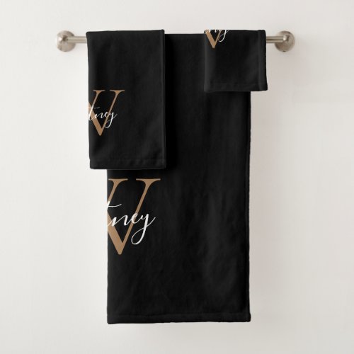 Simple Elegant Script Monogram Black and Gold Bath Towel Set