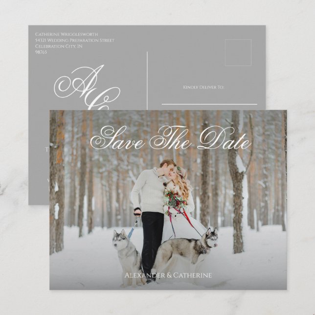 Simple Elegant Script Monogram Photo Save The Date Postcard (Front/Back)