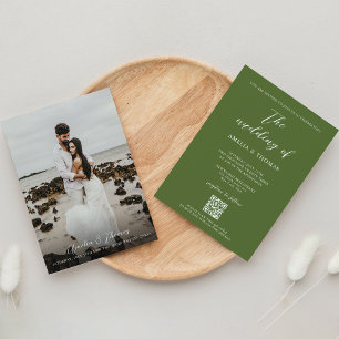 Simple Elegant Script Olive Green QR Code Wedding Invitation