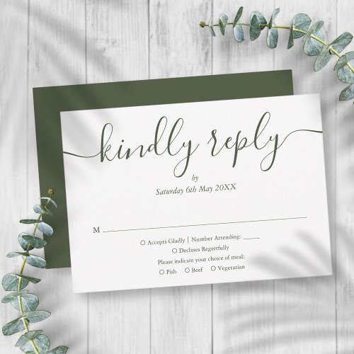 Simple Elegant Script Olive Green Wedding RSVP Card