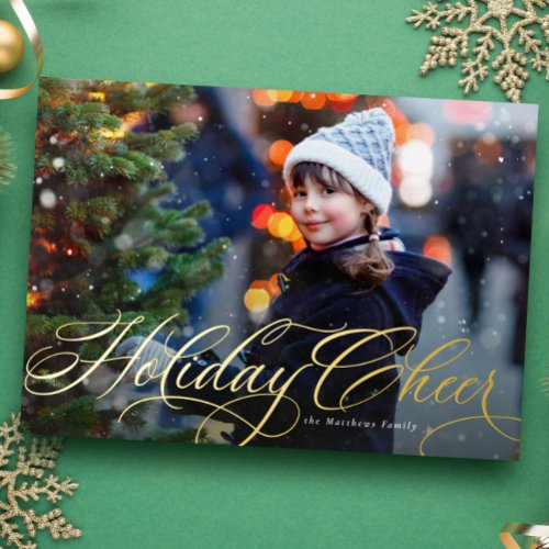 Simple elegant script one photo family cheer foil holiday card