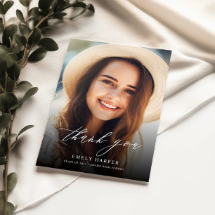 Simple Elegant Script Overlay Two Photo Graduation Thank You Card
