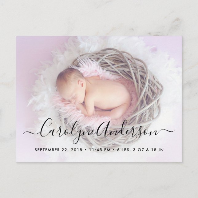 Simple Elegant Script Photo Birth Announcement Postcard (Front)