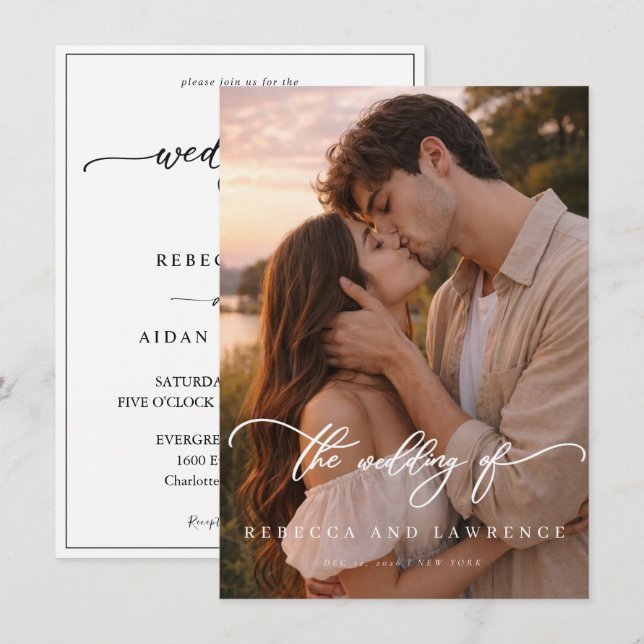 Simple Elegant Script Photo Budget Wedding Invitation (Front/Back)
