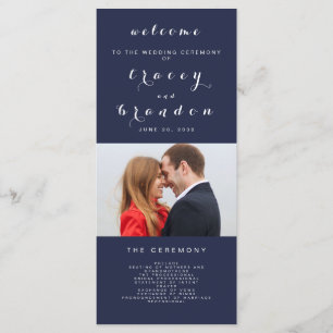 Simple Elegant Script Photo Navy Blue Wedding Program