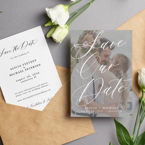 Simple elegant script photo overlay wedding save the date