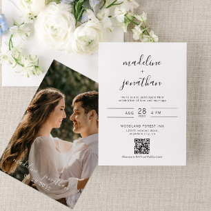 Simple Elegant Script Photo QR Code Rsvp Wedding Invitation