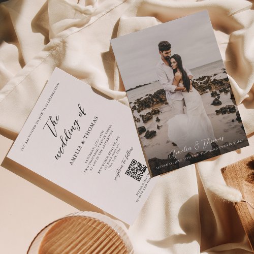 Simple Elegant Script Photo QR Code Wedding Invitation