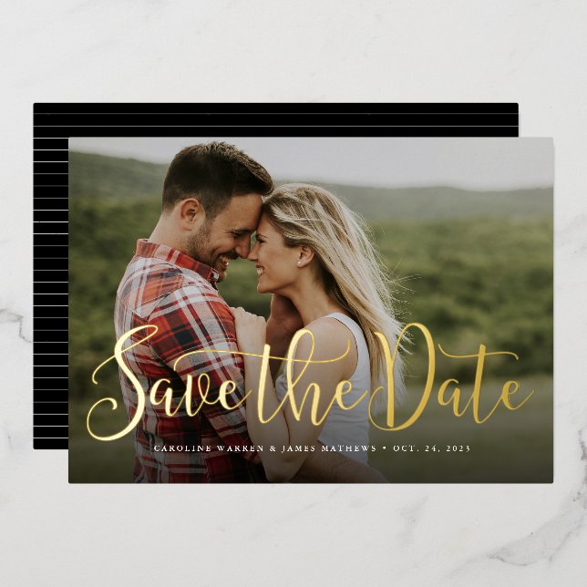 Simple elegant script photo save the date foil invitation (Front/Back)