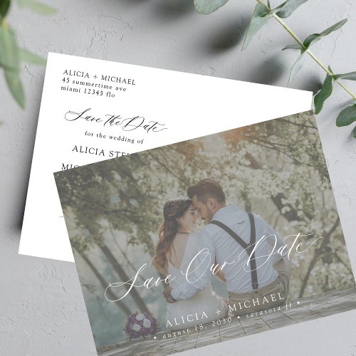 Simple elegant script photo wedding save the date announcement postcard