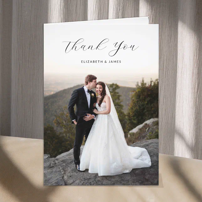 Simple Elegant Script Photo Wedding Thank You Card | Zazzle