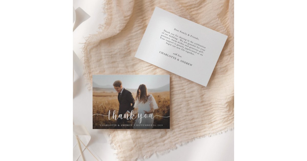 Simple Elegant Script Photo Wedding Thank You Card | Zazzle