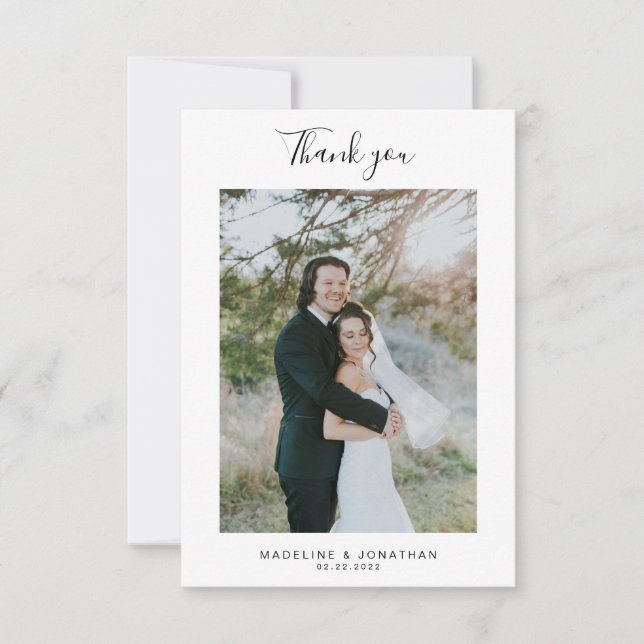 Simple Elegant Script Photo Wedding Thank you Card (Front)