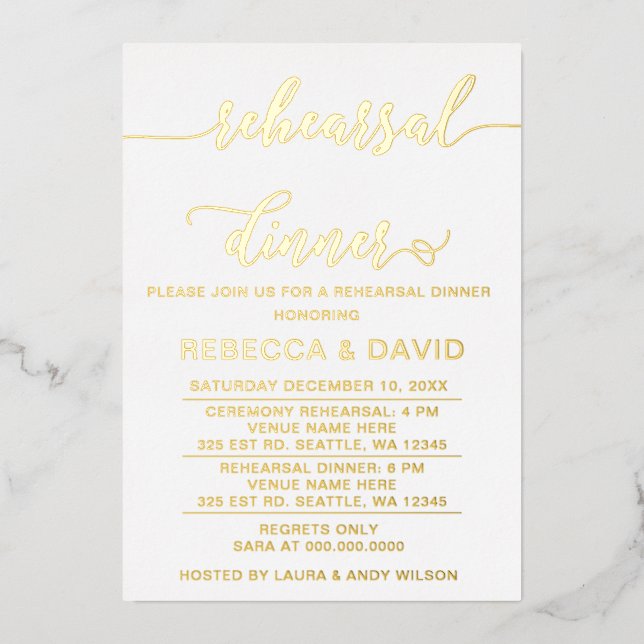 Simple Elegant Script  Rehearsal Dinner Foil Invitation (Front)