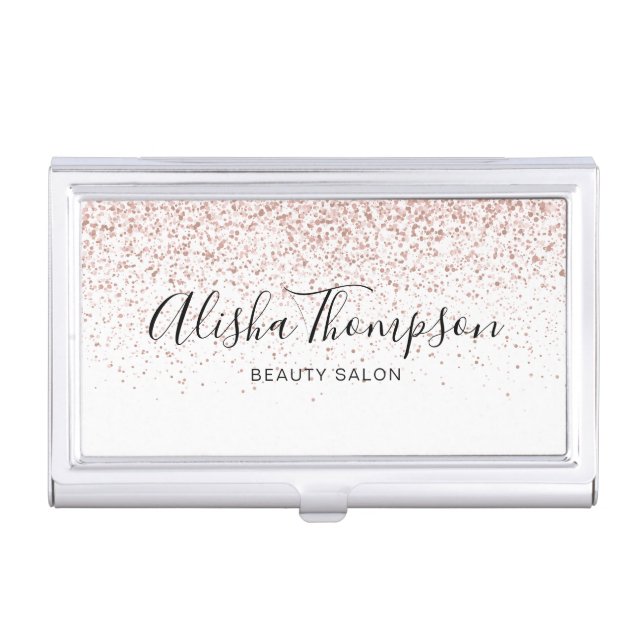 Simple Elegant Script Rose Gold Glitter  Business Card Case (Front)