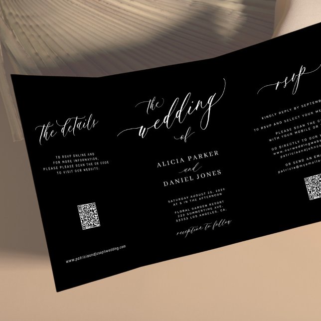 Simple elegant script RSVP QR black wedding Tri-Fold Invitation (Creator Uploaded)