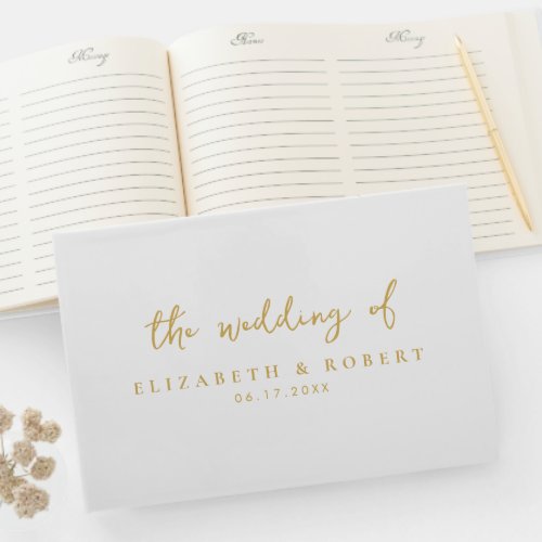Simple Elegant Script Sage White Gold Wedding Guest Book
