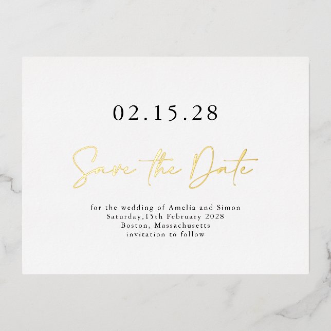 Simple Elegant Script Save the Date Real Gold  Foil Invitation Postcard (Front)