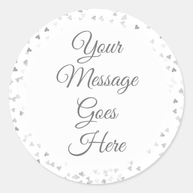 Simple Elegant Script Silver Hearts Confetti Classic Round Sticker (Front)