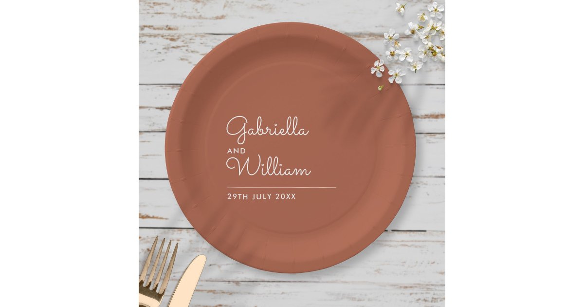 Simple Elegant Script Terracotta Wedding Paper Plates Zazzle