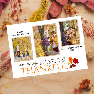 Simple Elegant Script thanksgiving family 3 photo Holiday Card