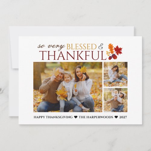 Simple Elegant Script thanksgiving family 3 photo Holiday Card