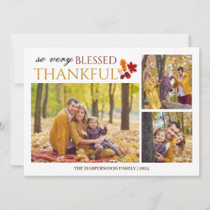 Simple Elegant Script thanksgiving family 3 photo Holiday Card