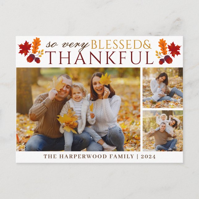 Simple Elegant Script thanksgiving family 3 photo Holiday Postcard (Front)