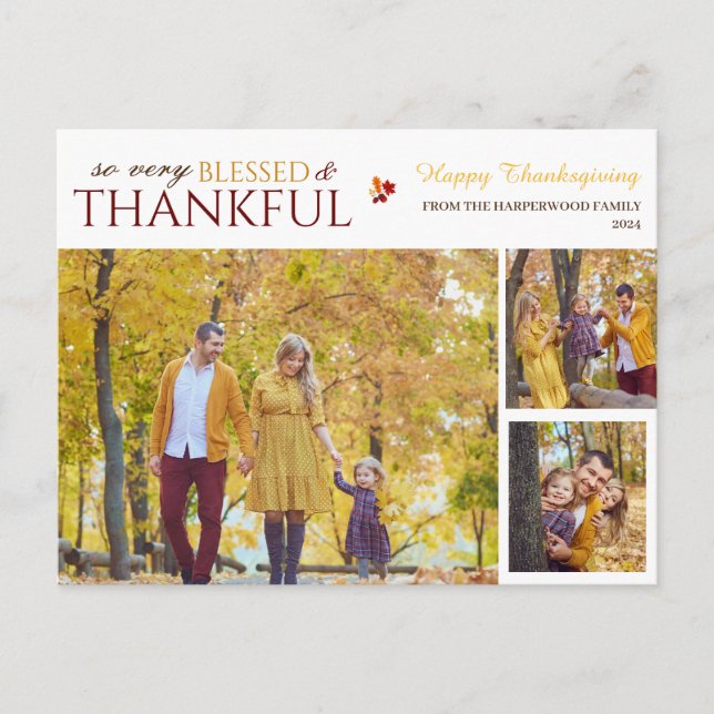 Simple Elegant Script thanksgiving family 3 photo Holiday Postcard (Front)