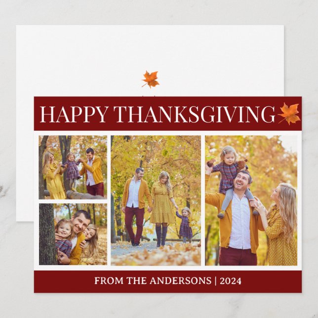 Simple Elegant Script thanksgiving family 4 photo Holiday Card (Front/Back)