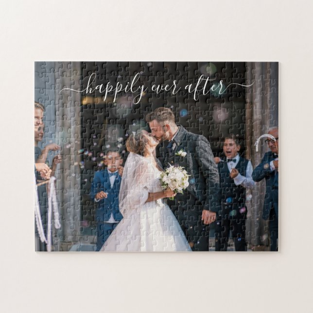 Simple Elegant Script Wedding Photo Newlywed Jigsaw Puzzle (Horizontal)