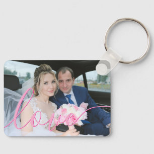 Simple Elegant Script Wedding Photo Pink Love Keychain