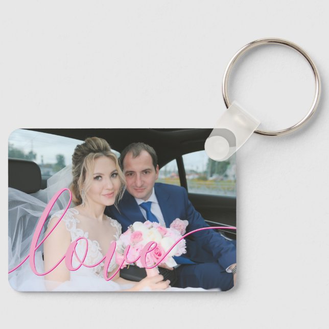 Simple Elegant Script Wedding Photo Pink Love Keychain (Front)
