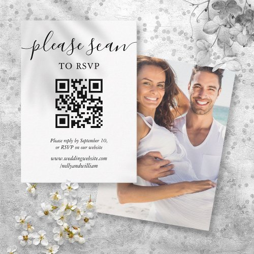 Simple Elegant Script Wedding RSVP QR Code Photo Enclosure Card