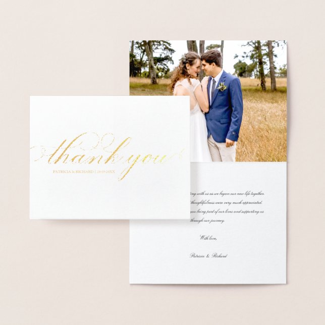 Simple Elegant Script Wedding Thank You Photo Foil Card (Display)