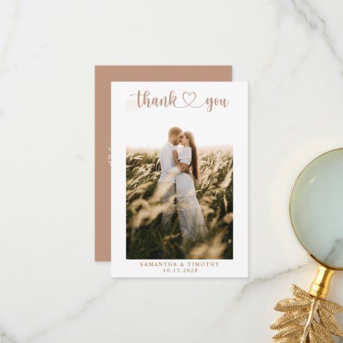 Simple Elegant Script with Heart Wedding Photo Thank You Card