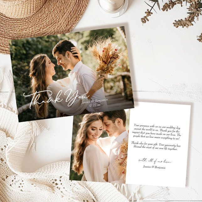 Simple Elegant Script with Photo Wedding Thank You Card (Creator Uploaded)
