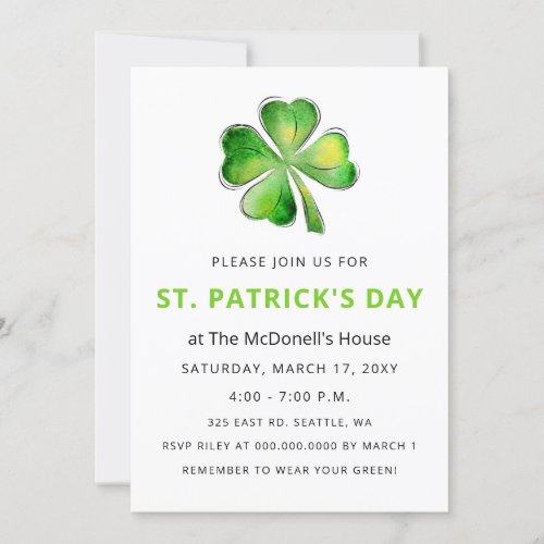 Simple Elegant Shamrock St Patricks Day  Invitation