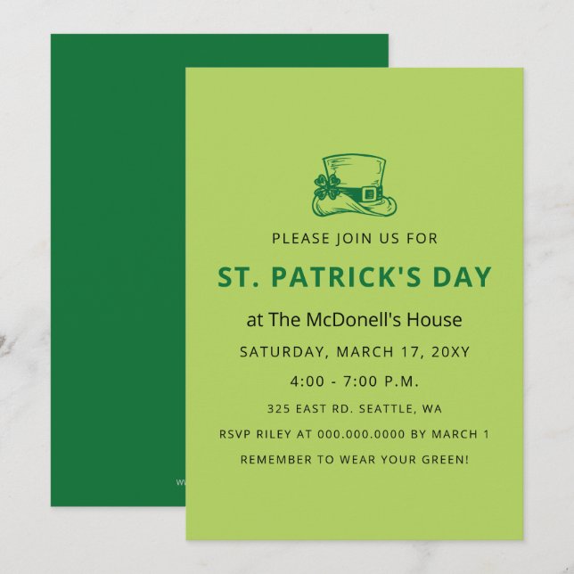 Simple Elegant Shamrock St Patricks Day Invitation (Front/Back)