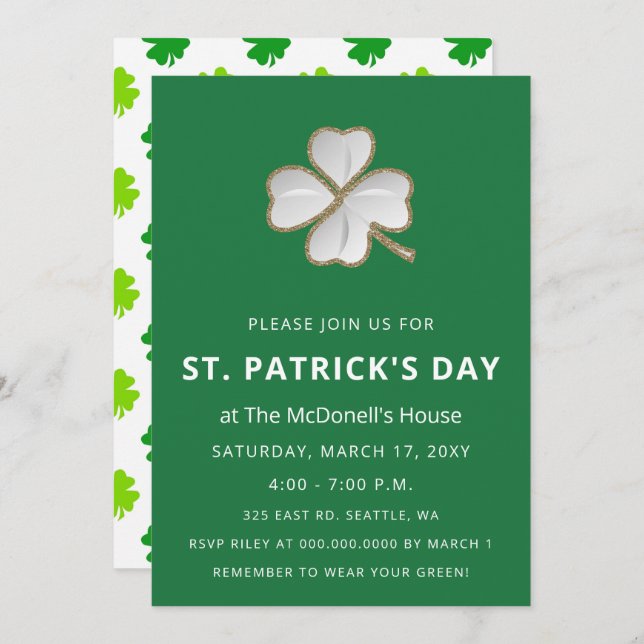 Simple Elegant Shamrock St Patricks Day  Invitation (Front/Back)