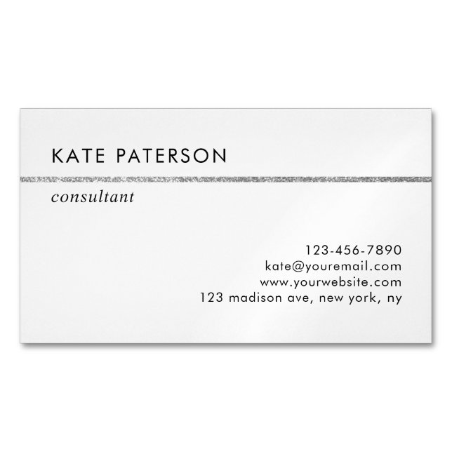 Simple Elegant Silver Glitter Stripe Business Card Magnet (Front)
